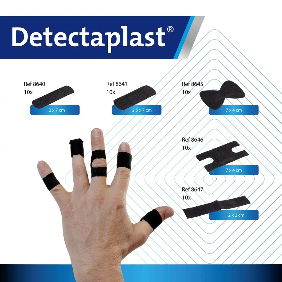 Boite de 50 pansements en tissu &eacute;lastique - 5 tailles - Noir - Detectaplast photo du produit