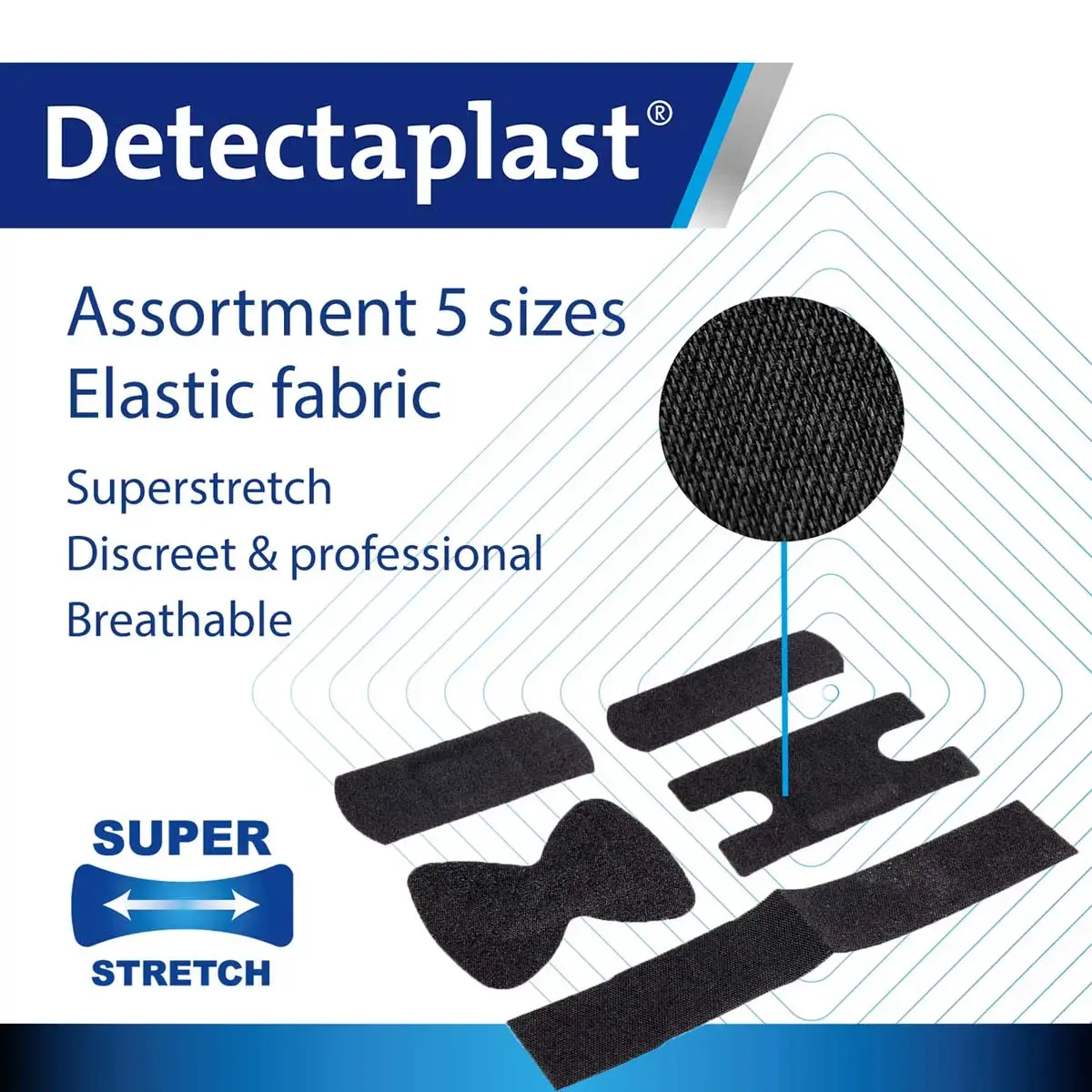 Boite de 50 pansements en tissu &eacute;lastique - 5 tailles - Noir - Detectaplast photo du produit