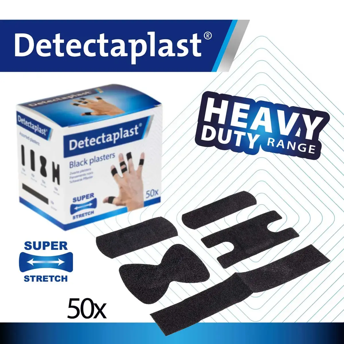 Boite de 50 pansements en tissu &eacute;lastique - 5 tailles - Noir - Detectaplast photo du produit