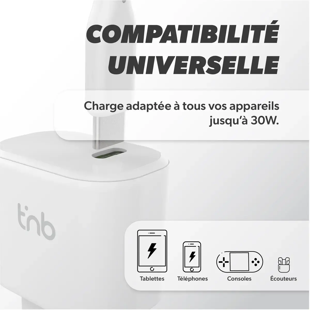 Chargeur USB-C - 30W - Blanc - T'nB photo du produit