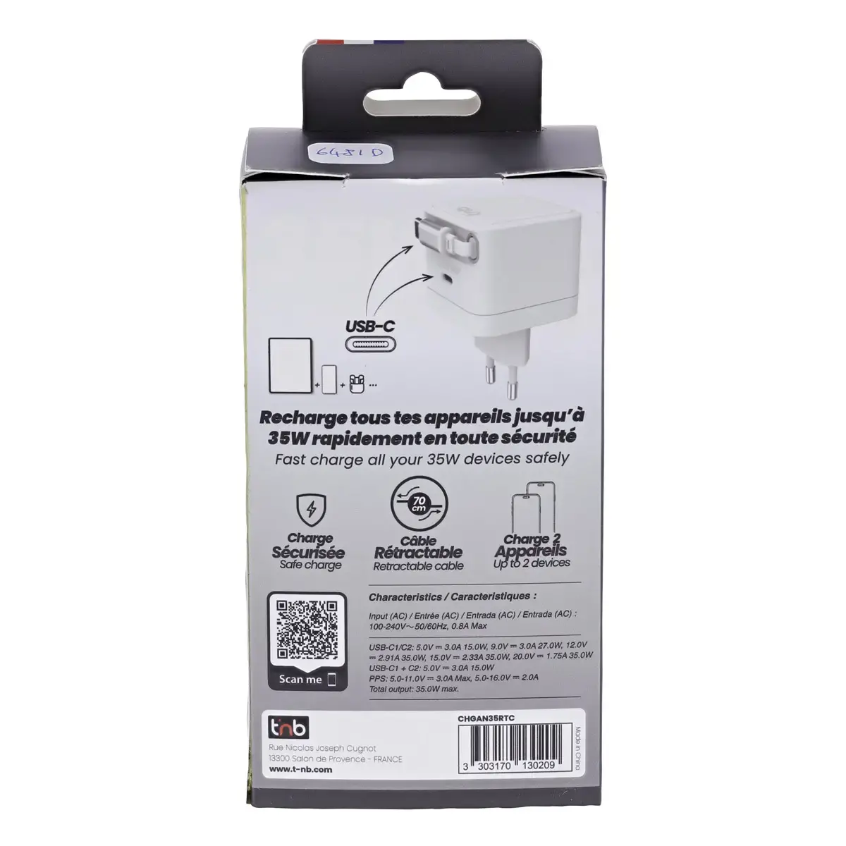 Chargeur USB-C - 35W - Blanc - T'nB photo du produit