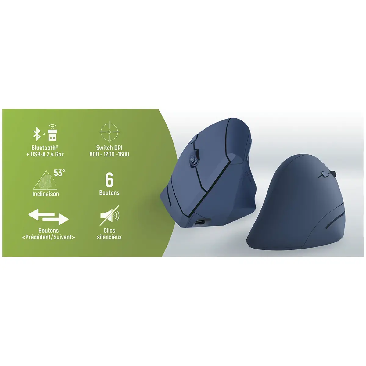 Souris ERGO sans fil - Verticale - Rechargeable - Bleu - T'NB photo du produit