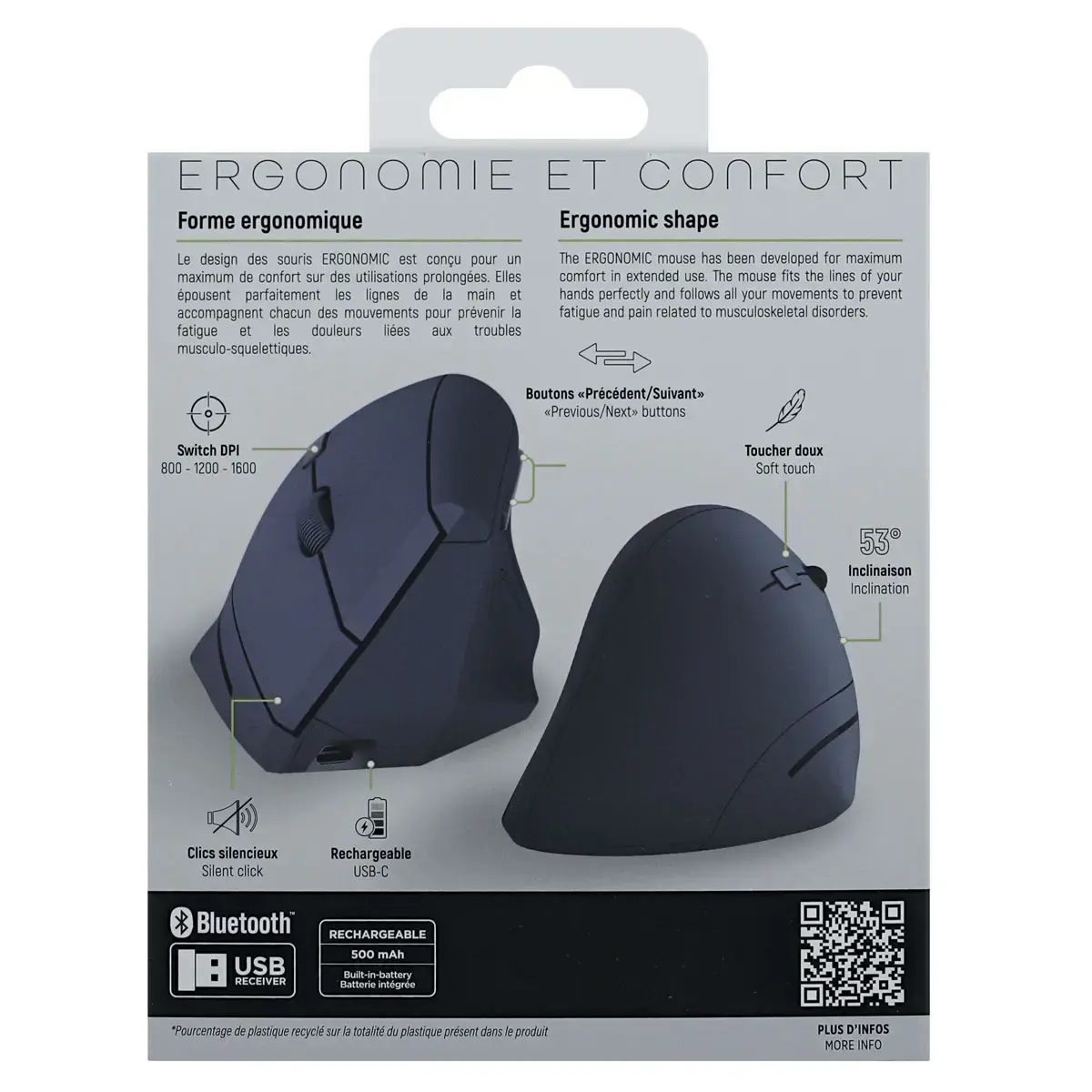 Souris ERGO sans fil - Verticale - Rechargeable - Bleu - T'NB photo du produit