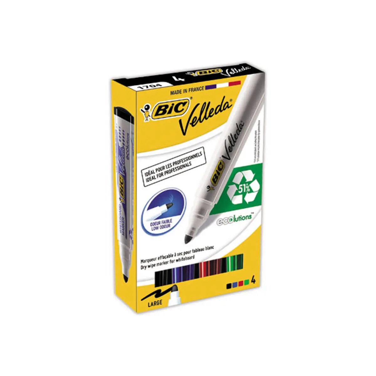 4 Velleda 1701 ECOlutions Effa&ccedil;ables &agrave; Sec &agrave; Pointe Conique Moyenne - Couleurs Assorties - BIC photo du produit