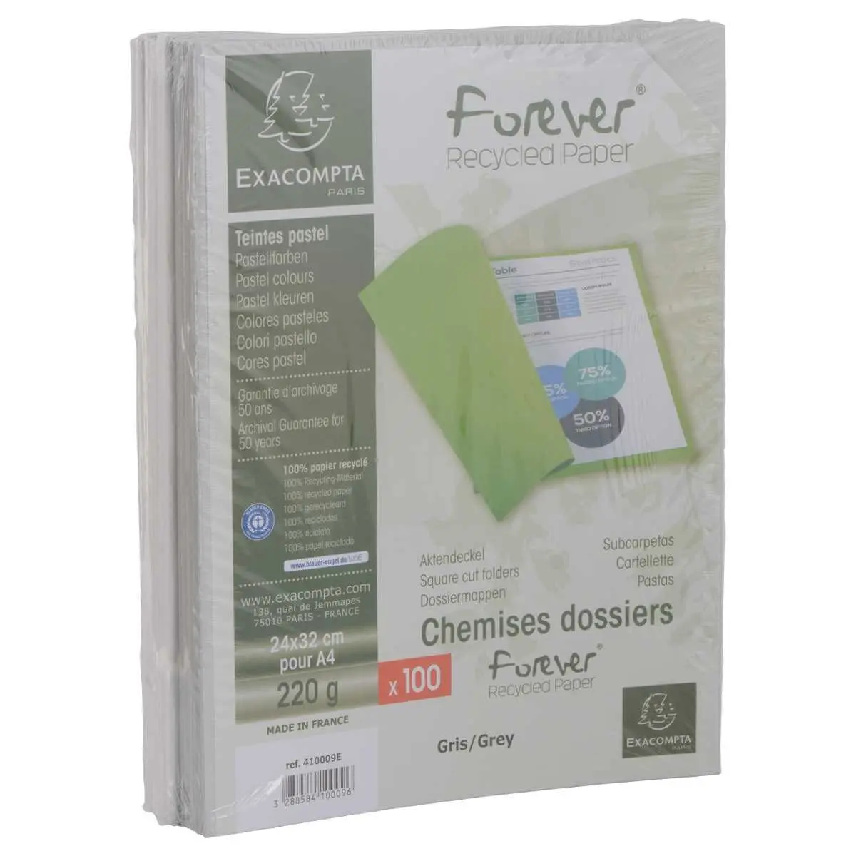 100 Chemises 220 g recycl&eacute;es - Gris - Exacompta photo du produit
