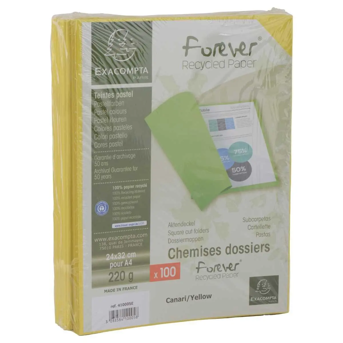 100 Chemises 220 g recyclées - Jaune - EXACOMPTA photo du produit