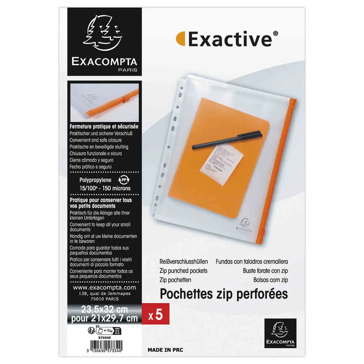 5 Pochettes perforées à glissière  - A4 - 20/100ème - EXACOMPTA photo du produit