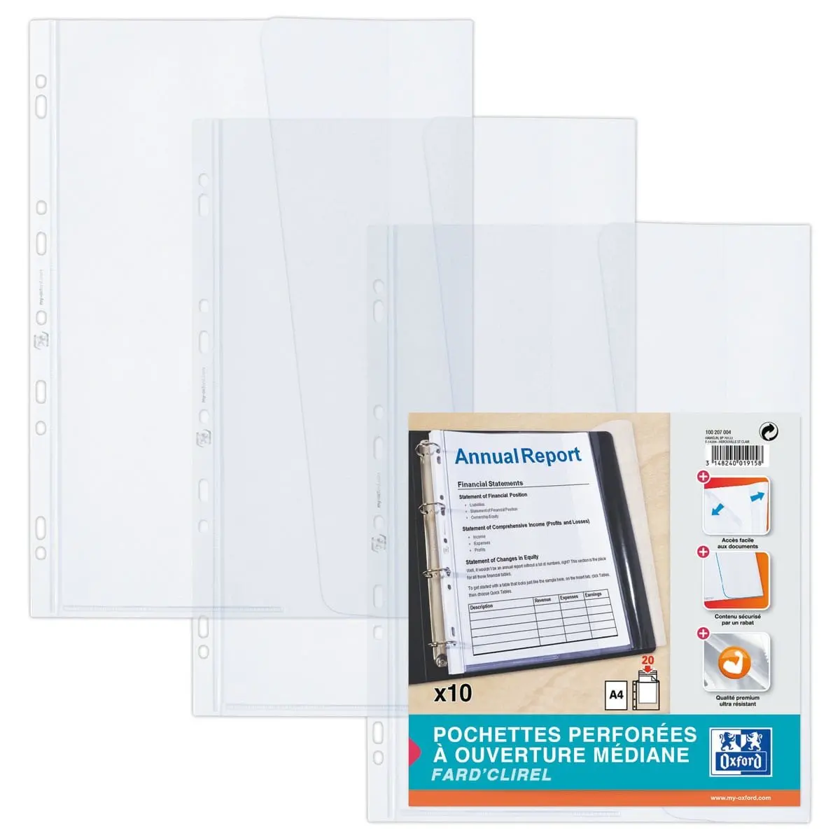 10 Pochettes perfor&eacute;es A4 - ouverture 2 c&ocirc;t&eacute;s - Oxford photo du produit