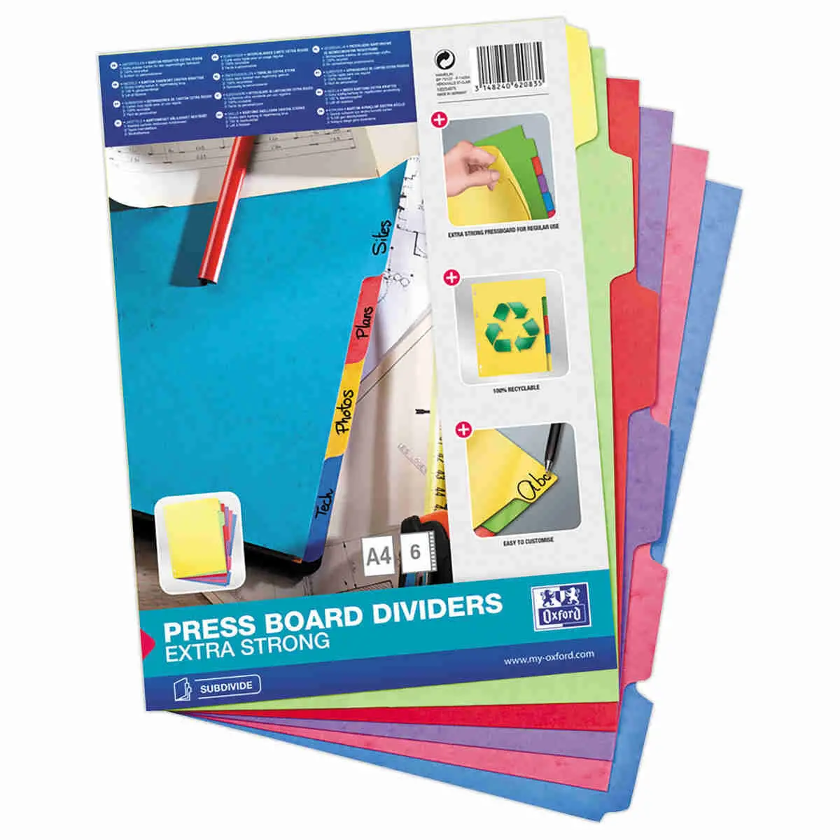 Jeu d'intercalaires multicolores rigide A4 - 6 onglets - OXFORD photo du produit