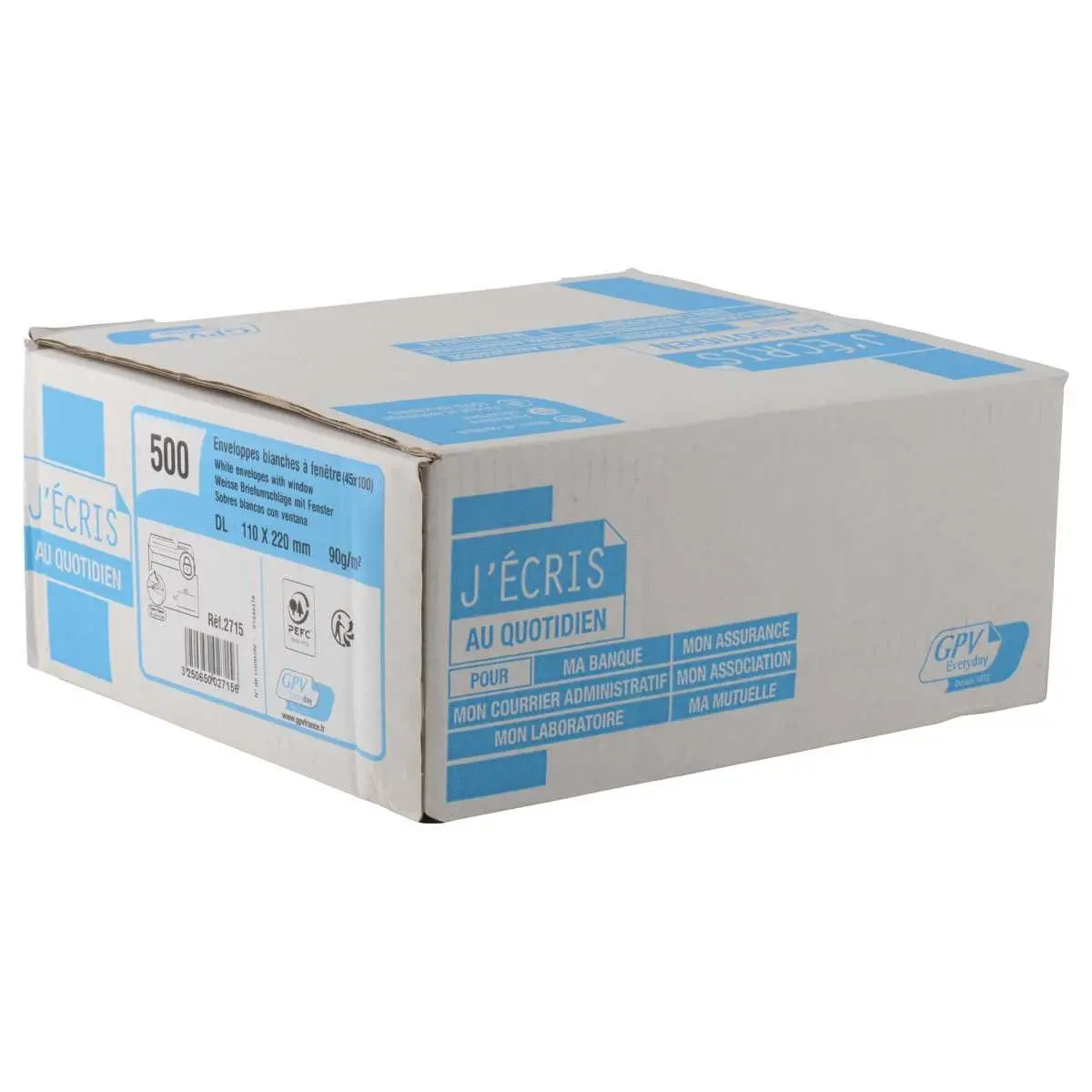 500 Enveloppes blanches 90g GPV 110x220mm bande silicon&eacute;e &agrave; fen&ecirc;tre 45x100mm photo du produit