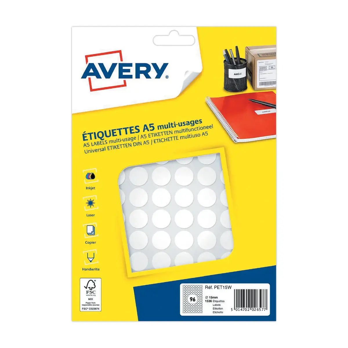 Etiquettes blanches multi-usages - Ø 15mm - Avery photo du produit