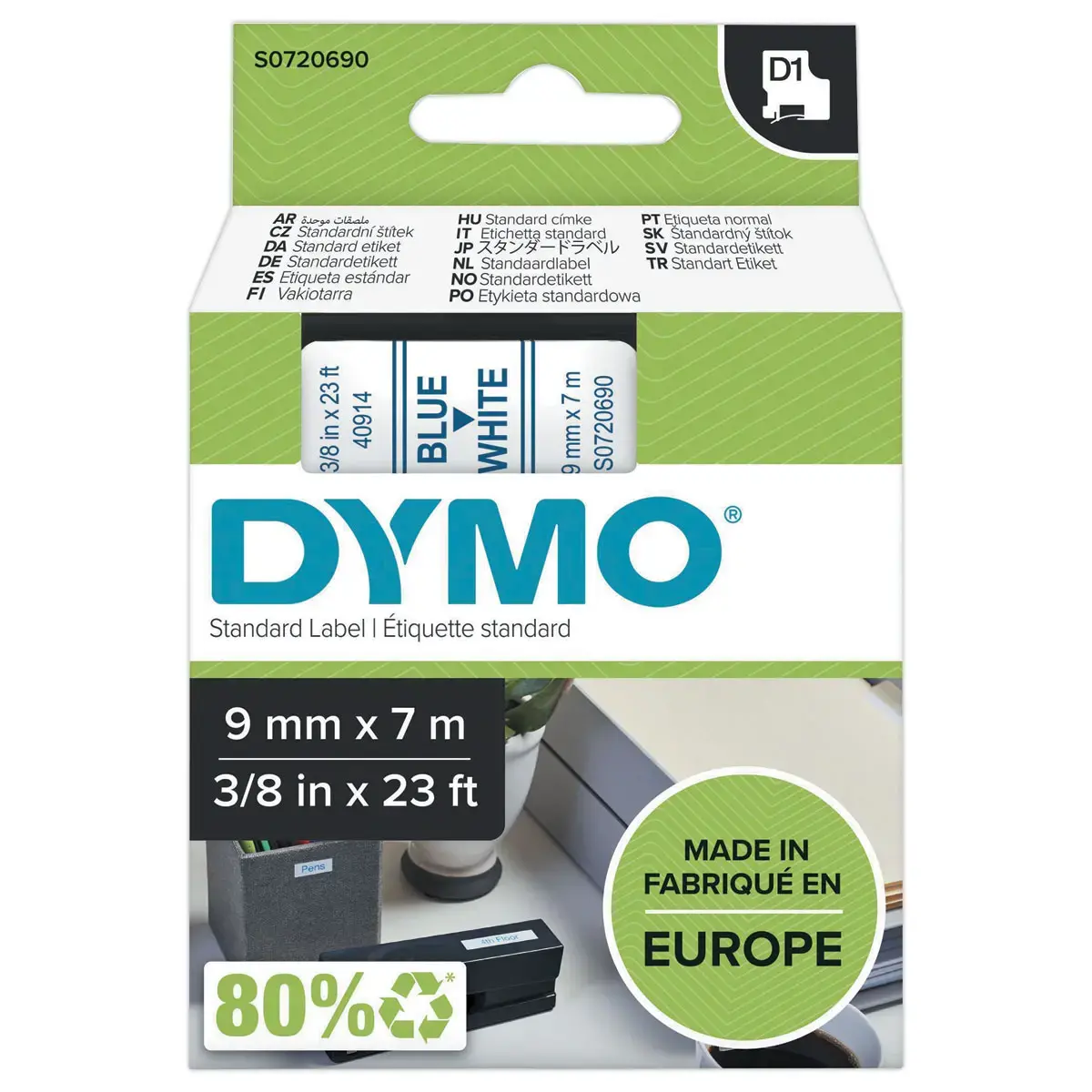 Ruban D1 S0720690 - 7 m x 9 mm - Texte bleu sur fond blanc - Dymo photo du produit