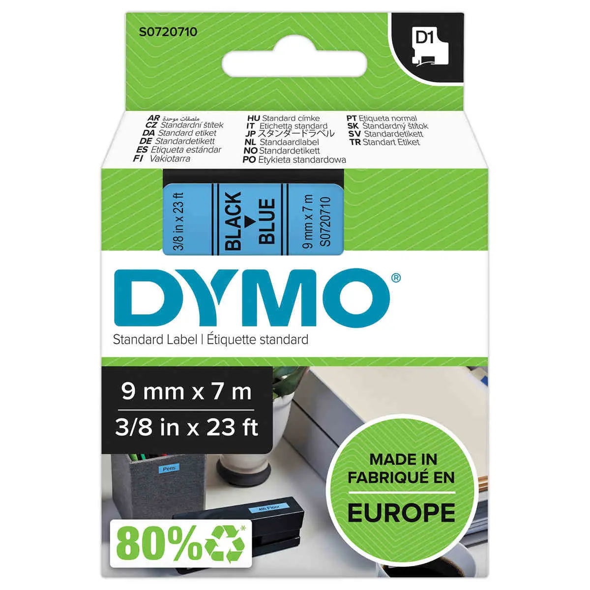 Ruban D1 DYMO S0720710 - 7 m x 9 mm - Texte noir sur fond bleu photo du produit
