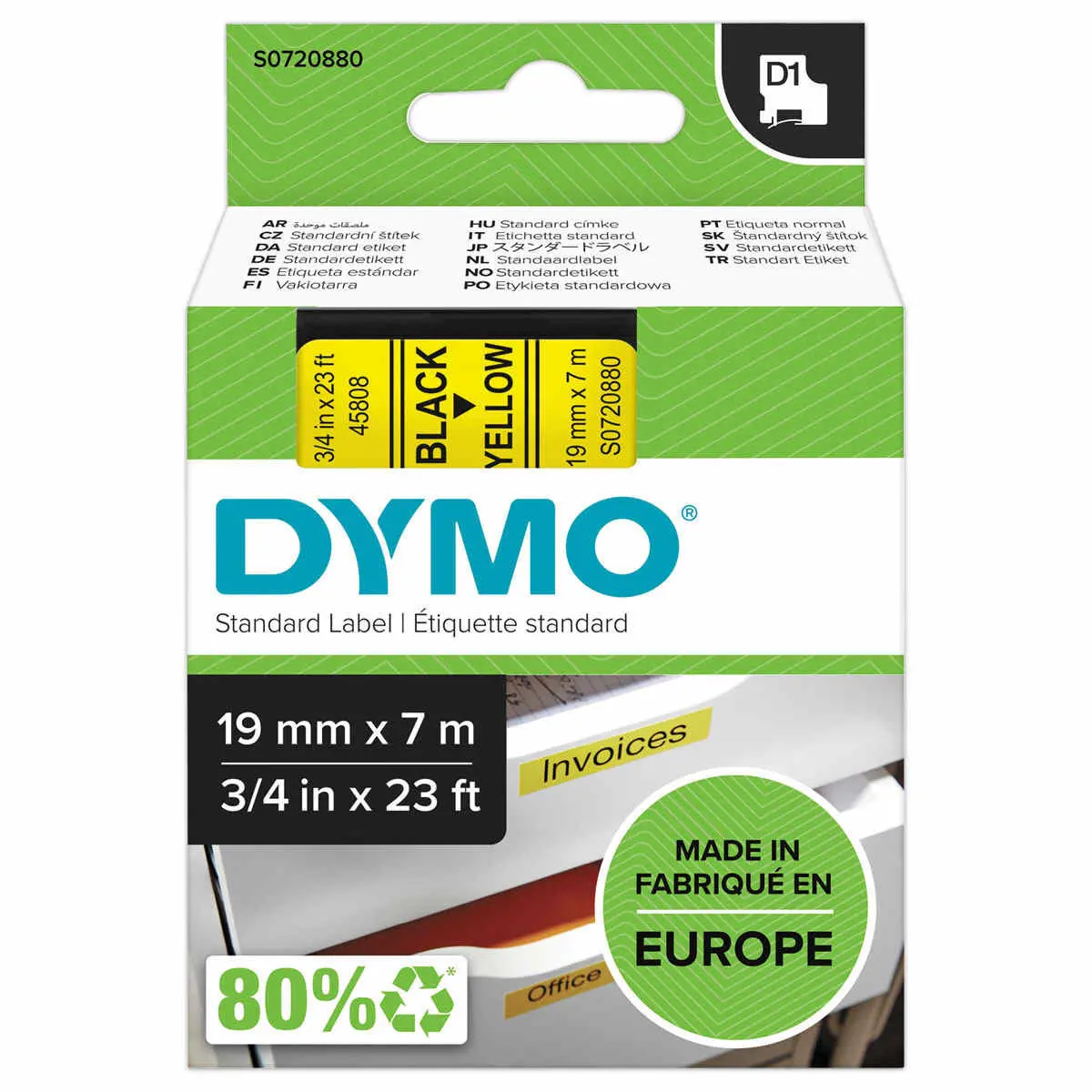 Ruban pour titreuse D1 - 7 m x 19 mm - Texte noir sur fond jaune - DYMO photo du produit
