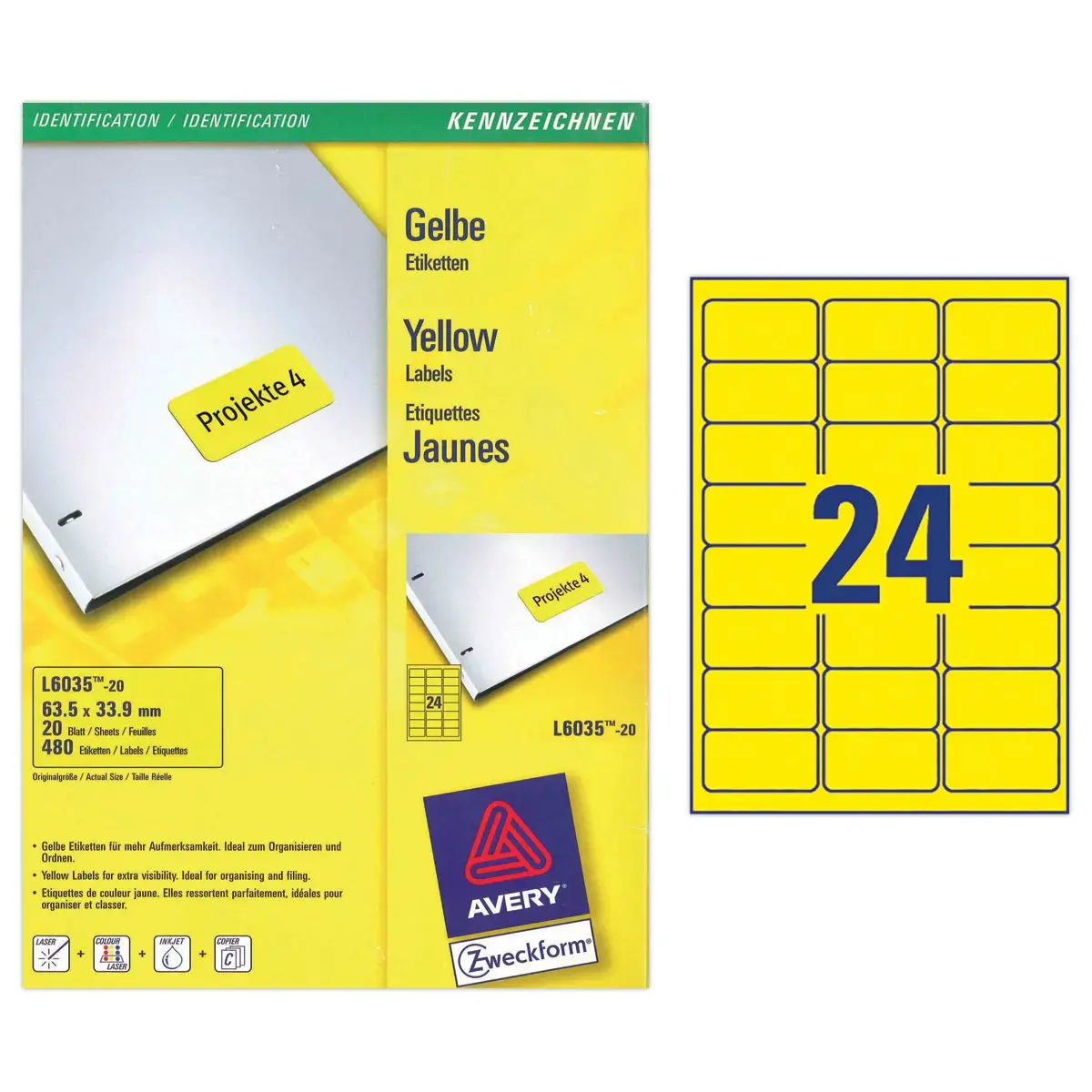 20 Planches de 24 étiquettes jaunes - 63,5x33,9mm - Avery photo du produit