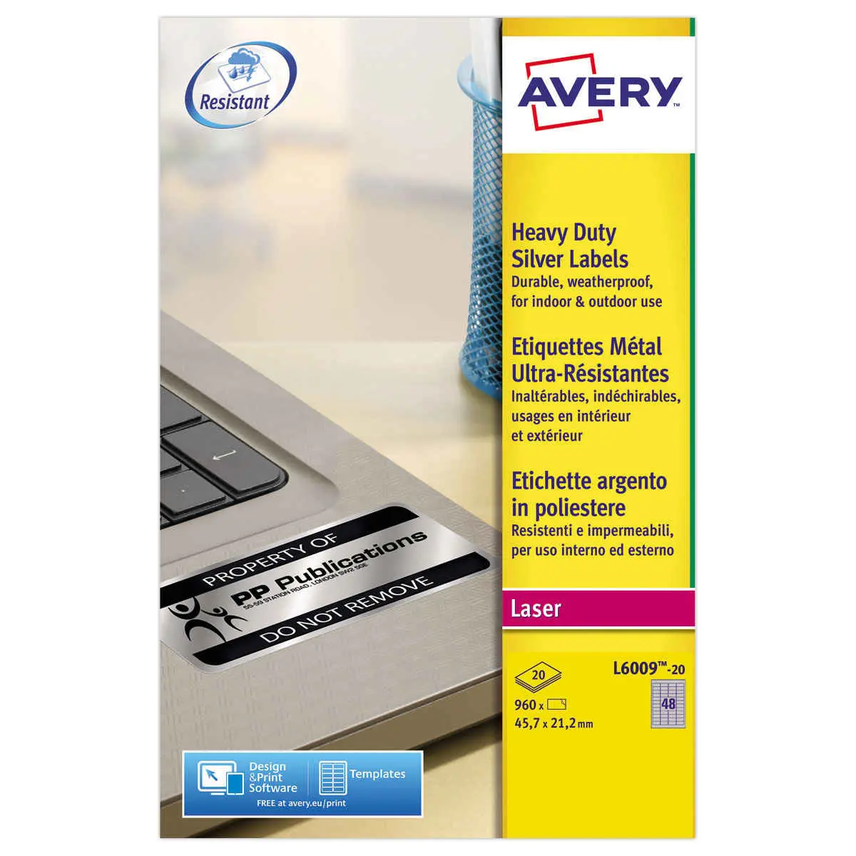 Boîte de 20 planches de 48 étiquettes ultra résistantes argent - 45,7x21,2mm - AVERY photo du produit