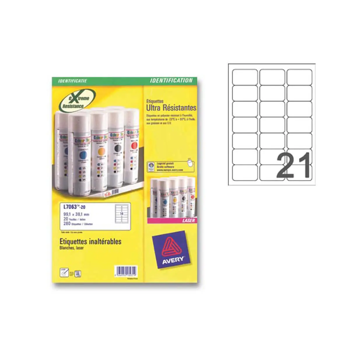 Boîte de 20 planches de 21 étiquettes ultra résistantes - 63,5x38,1mm - Blanc - AVERY photo du produit