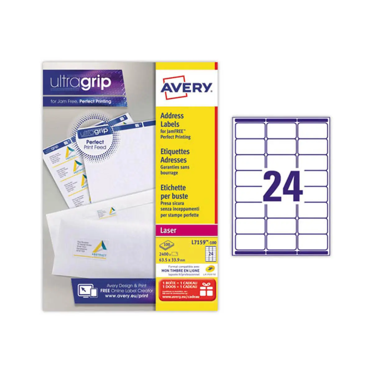 100 Planches de 24 étiquettes pour imprimantes laser - 63,5 x 33,9 mm - AVERY photo du produit