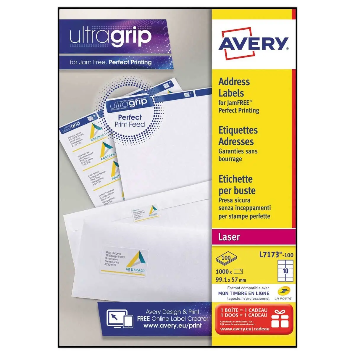 100 Planches de 10 étiquettes adresses blanches pour imprimantes laser - 99,1 x 57 mm - AVERY photo du produit