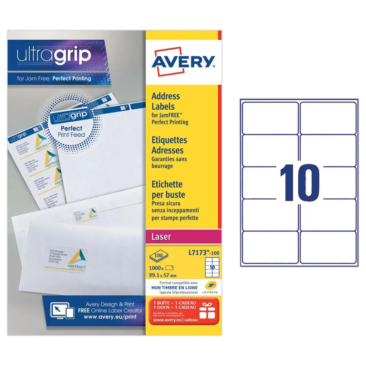 100 Planches de 10 étiquettes adresses blanches pour imprimantes laser - 99,1 x 57 mm - Avery photo du produit