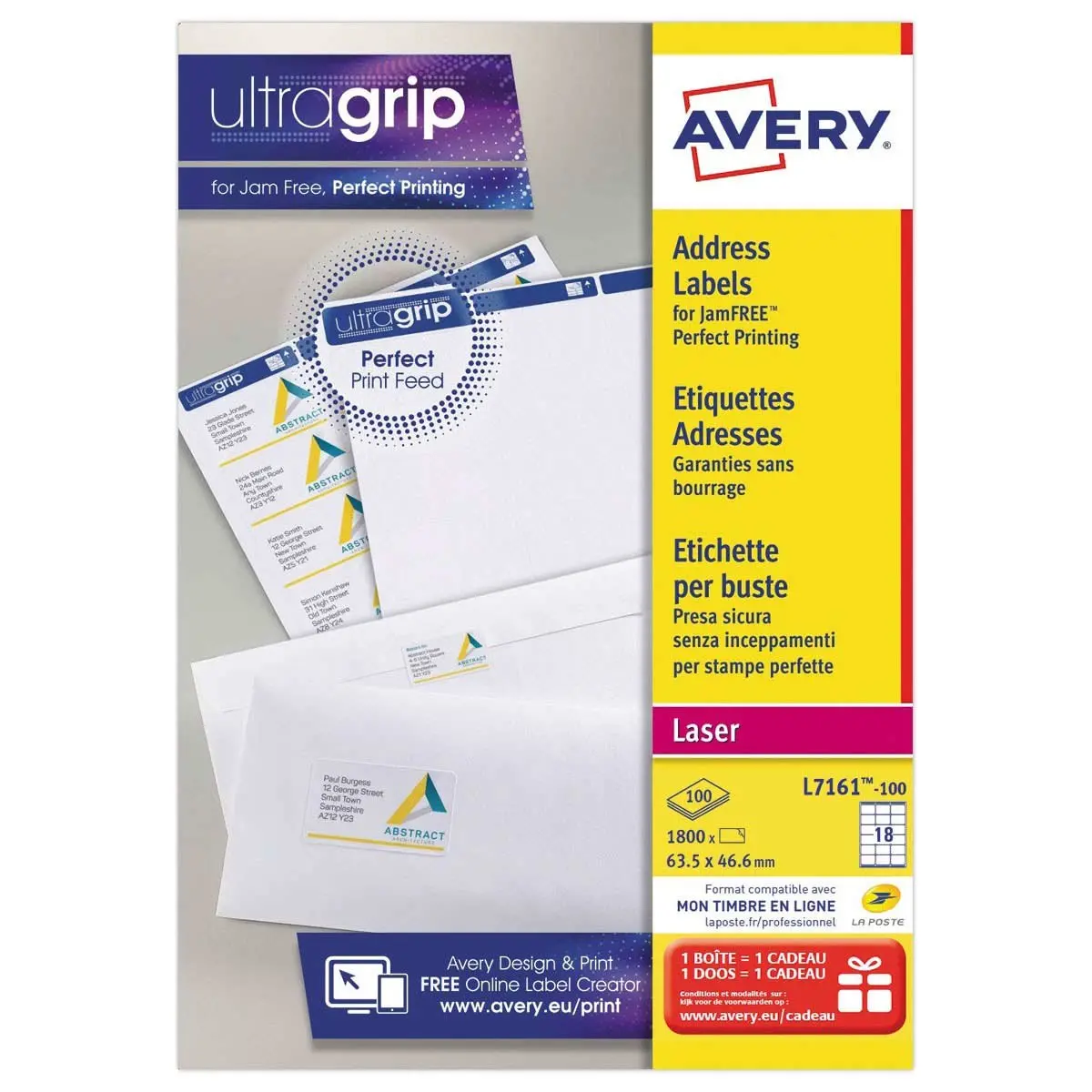 100 Planches de 18 étiquettes pour imprimantes laser - 63,5 x 46,6 mm - AVERY photo du produit