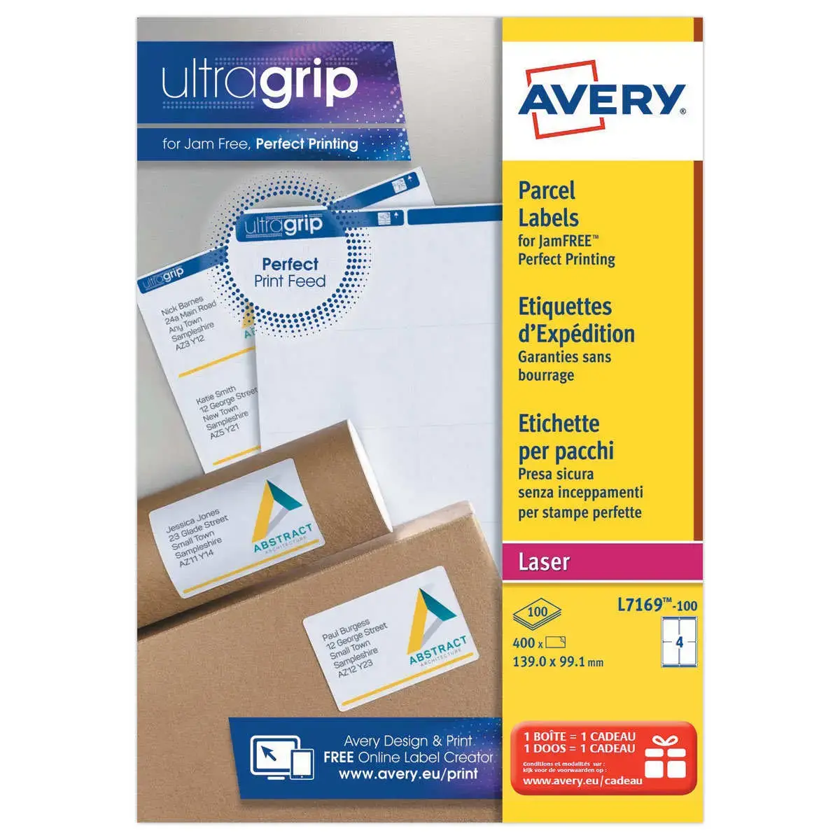100 Planches de 4 étiquettes adresses opaques pour imprimantes laser - 99,1x139mm - Avery photo du produit