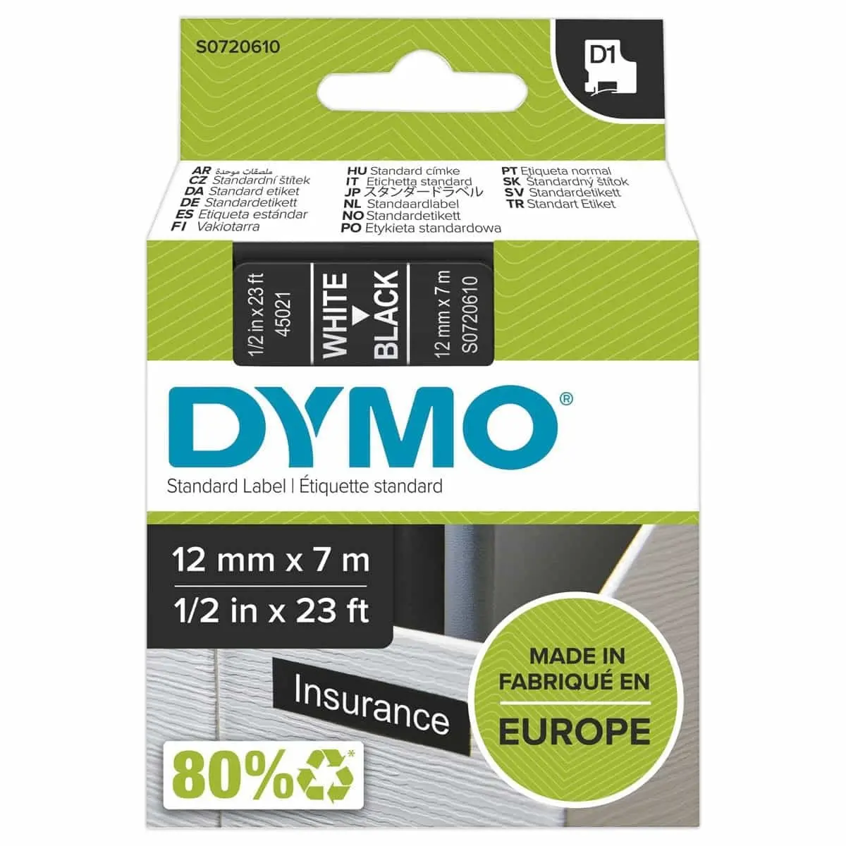 Ruban pour titreuse D1 - 7 m x 12 mm - Texte blanc sur fond noir - DYMO photo du produit