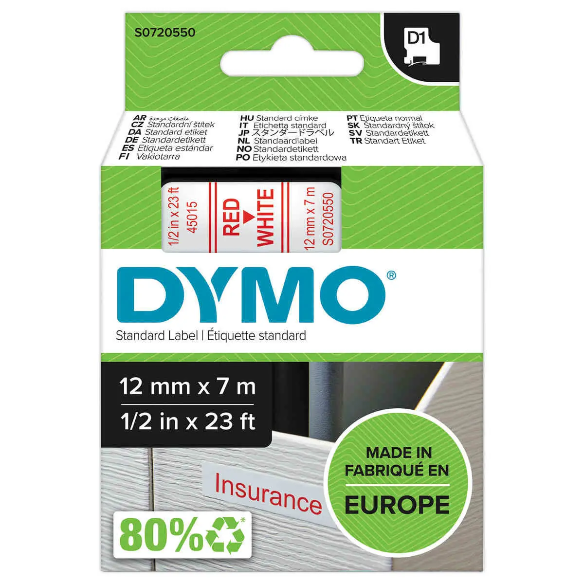 Ruban pour titreuse D1 - 7 m x 12 mm - Texte rouge sur fond blanc - DYMO photo du produit
