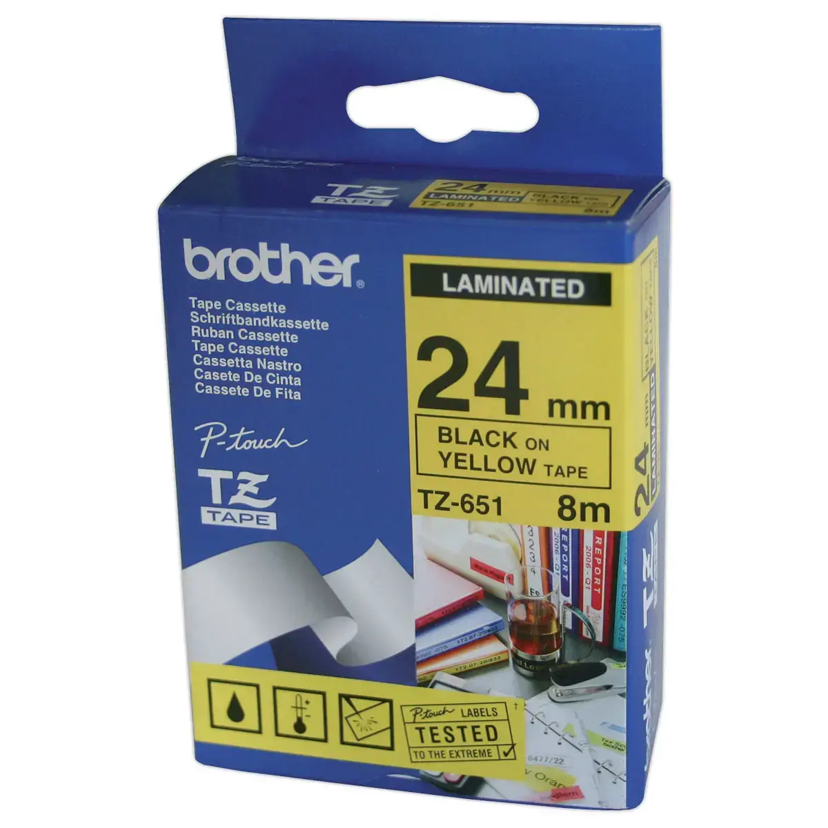 Ruban pour titreuse TZE - 8m x 24 mm TZE651 - Texte noir sur fond jaune - Brother photo du produit