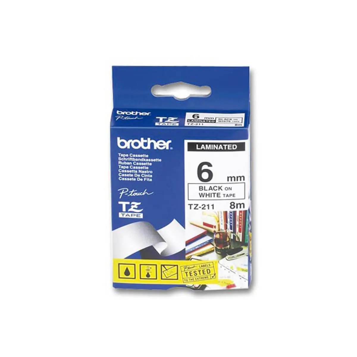 Ruban pour titreuse TZE - 8m x 6 mm - Tze211 - texte noir sur fond blanc - BROTHER photo du produit