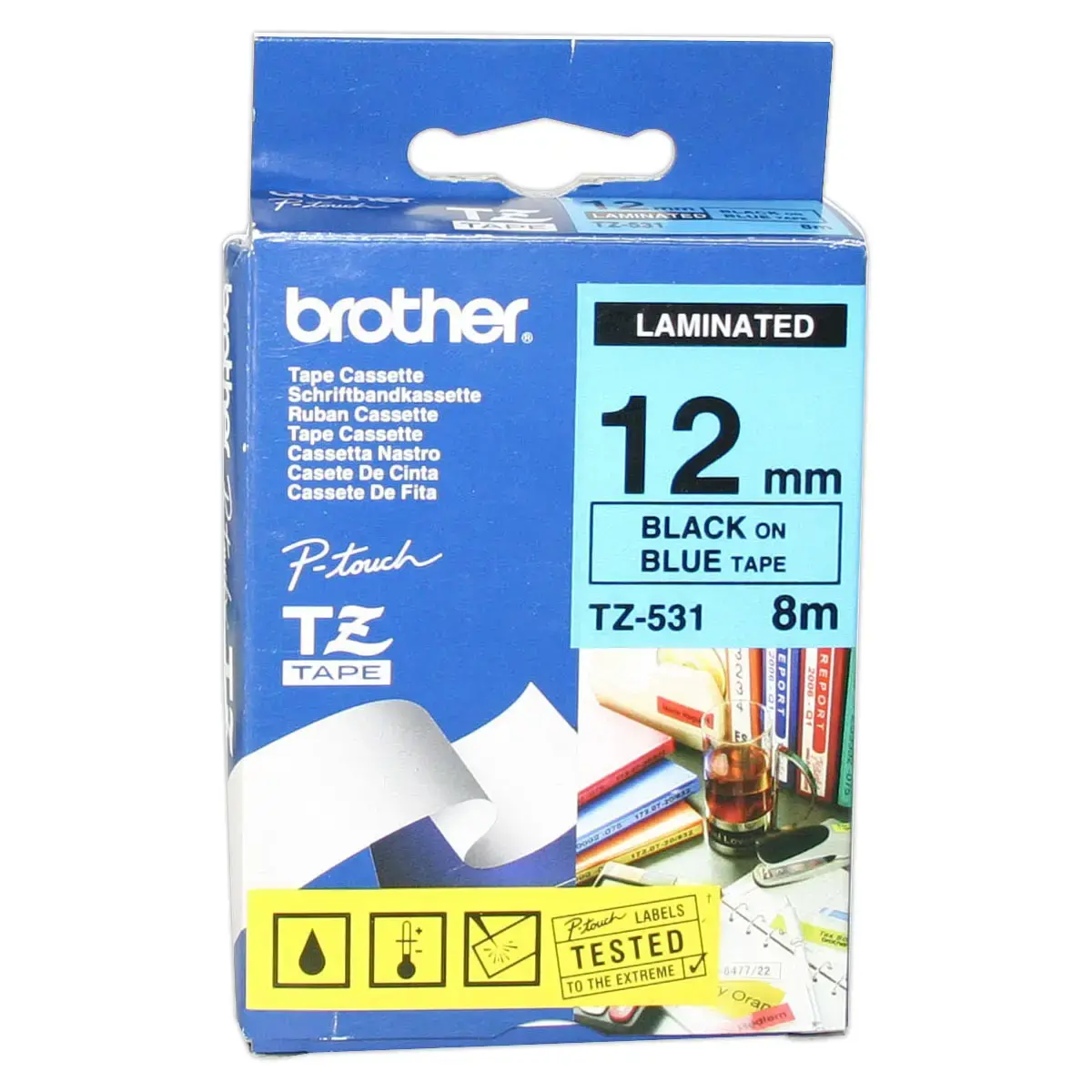 Ruban TZE 8m x 12 mm - Texte noir sur fond bleu - Brother photo du produit