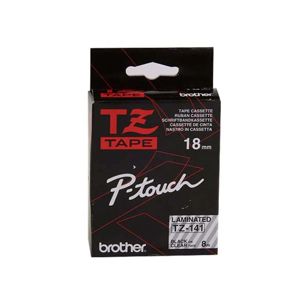 Ruban TZE 8m x 18 mm - BROTHER Tze 141 - texte noir / fond transparent photo du produit