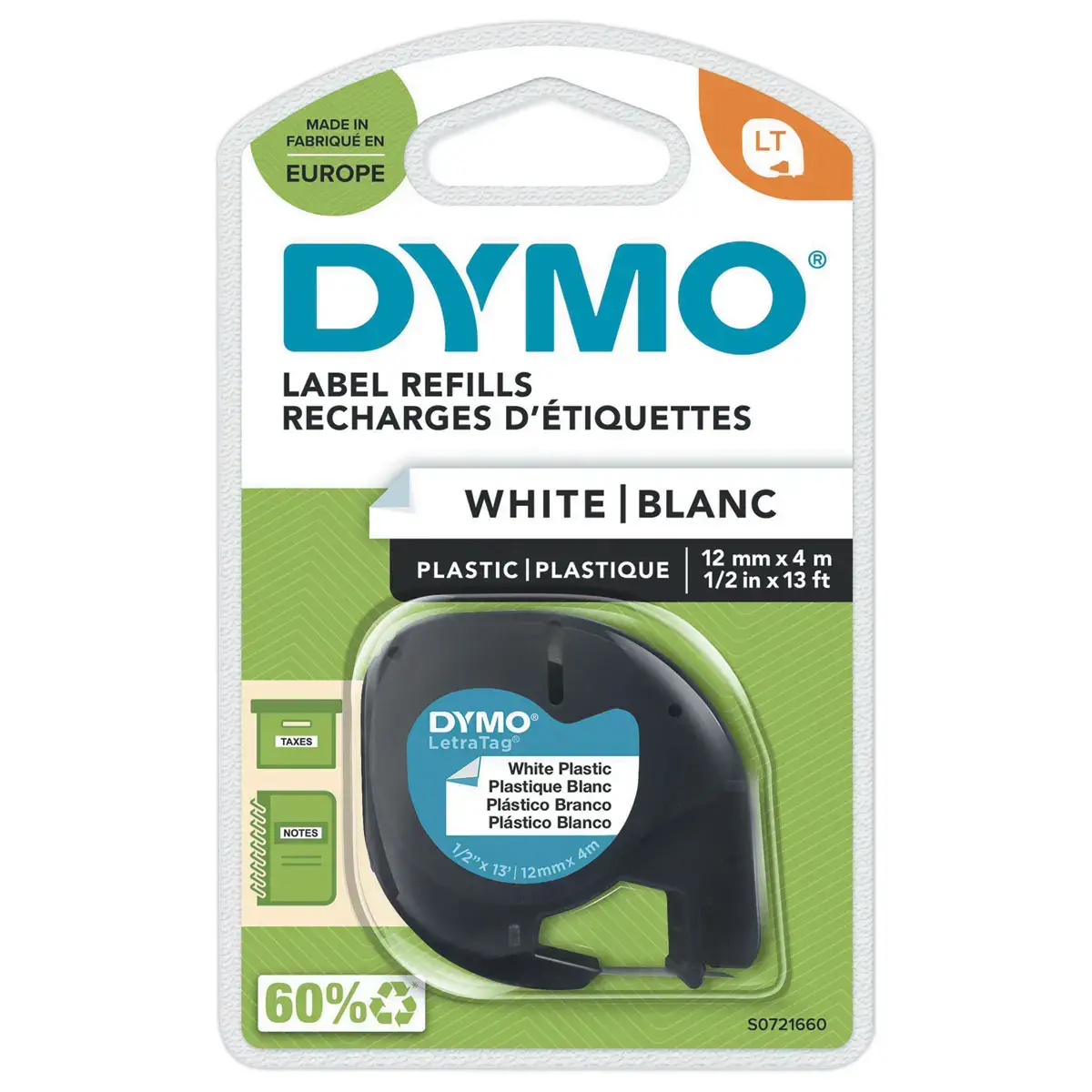Ruban plastique Letratag - 12 mm - Texte noir sur fond blanc - Dymo photo du produit