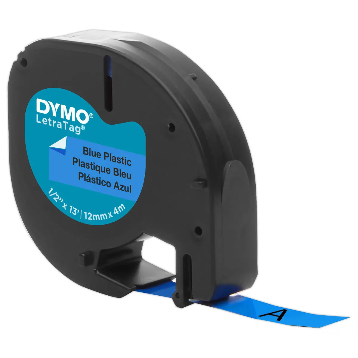 Ruban plastique Letratag - 12 mm - texte noir sur fond bleu photo du produit