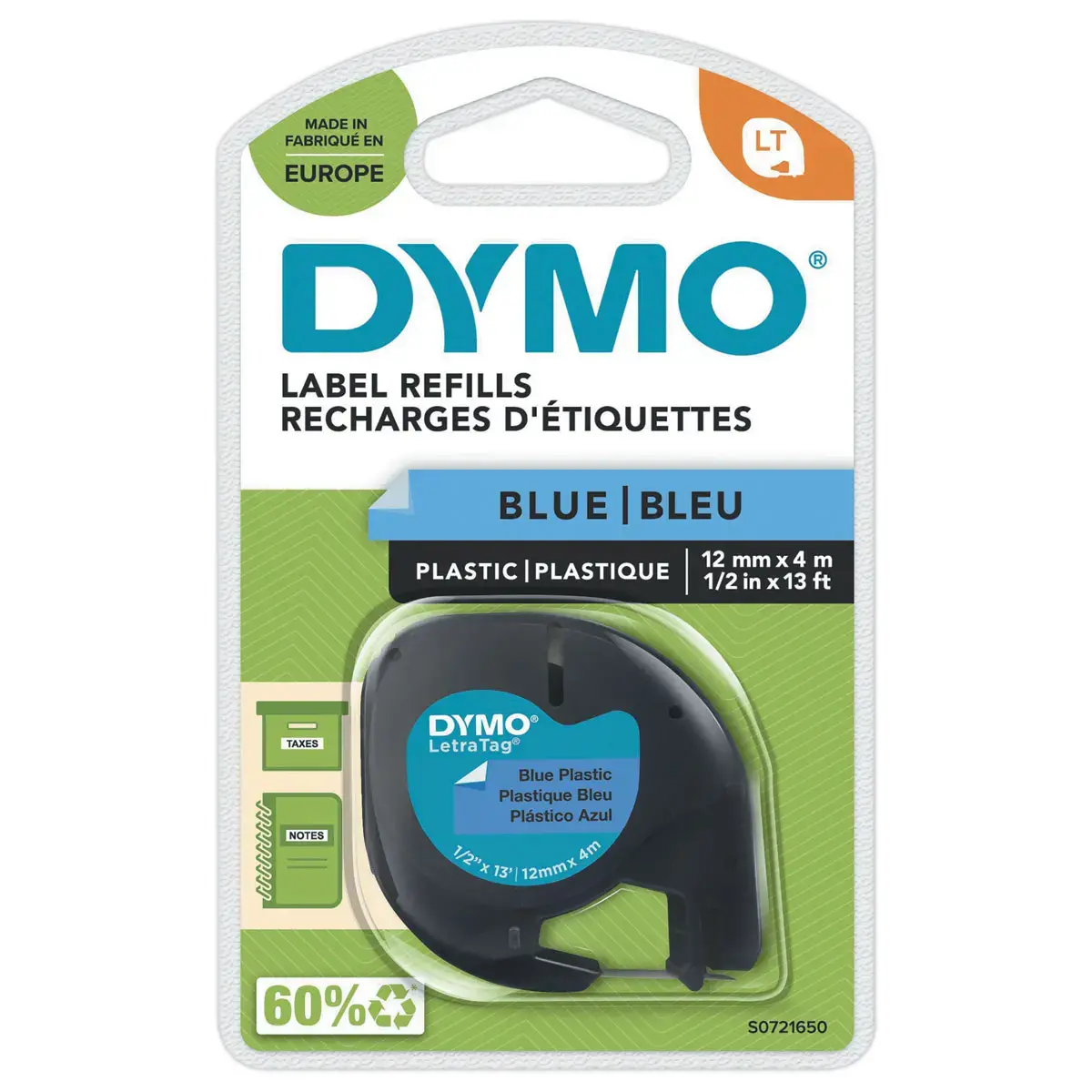 Ruban plastique Letratag - 12 mm - Texte noir sur fond bleu - Dymo photo du produit