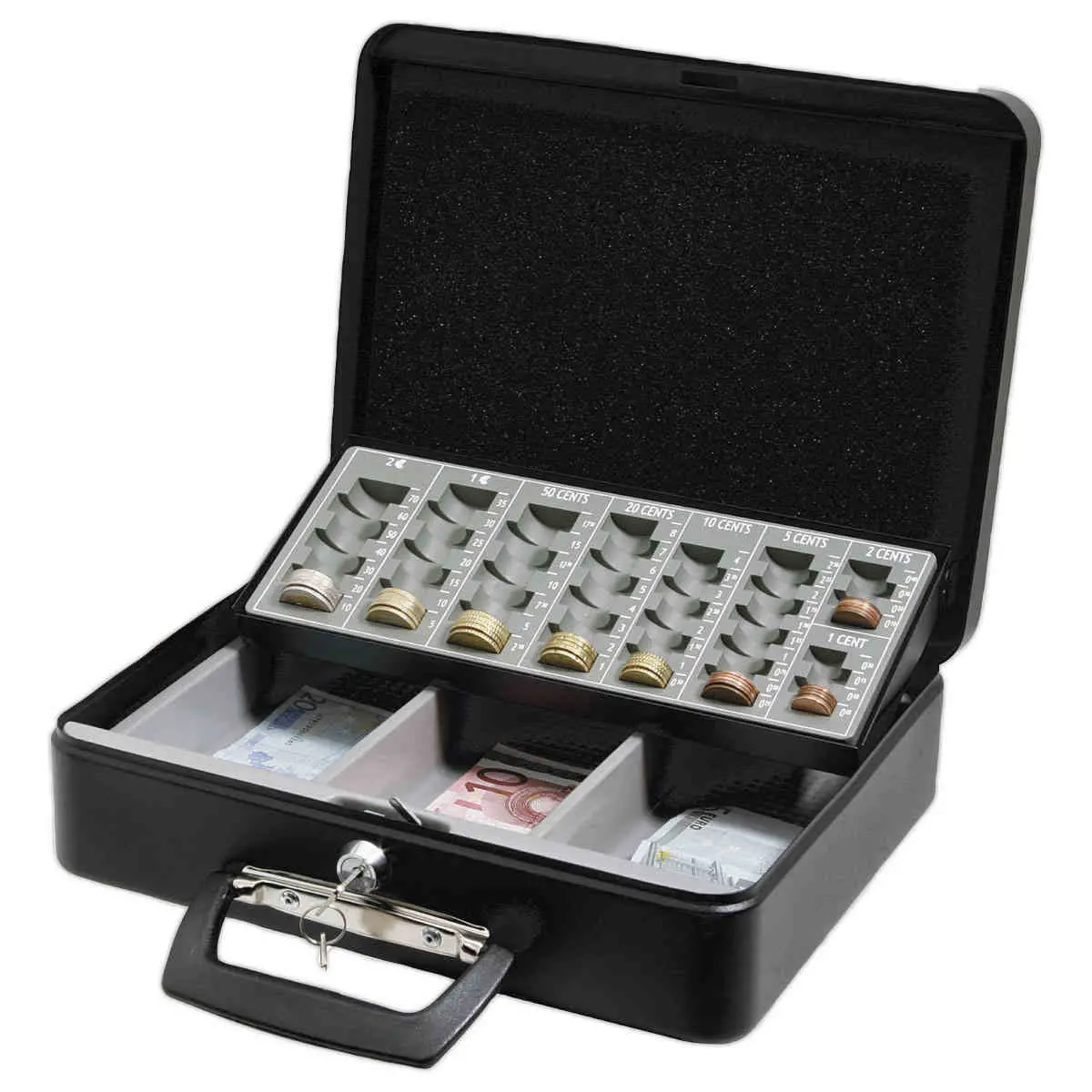 Caisse à monnaie avec monnayeur coulissant et compartiments billets photo du produit