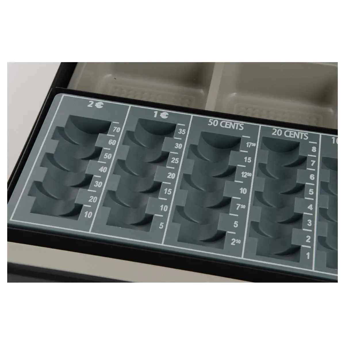 Caisse à monnaie avec monnayeur coulissant et compartiments billets photo du produit