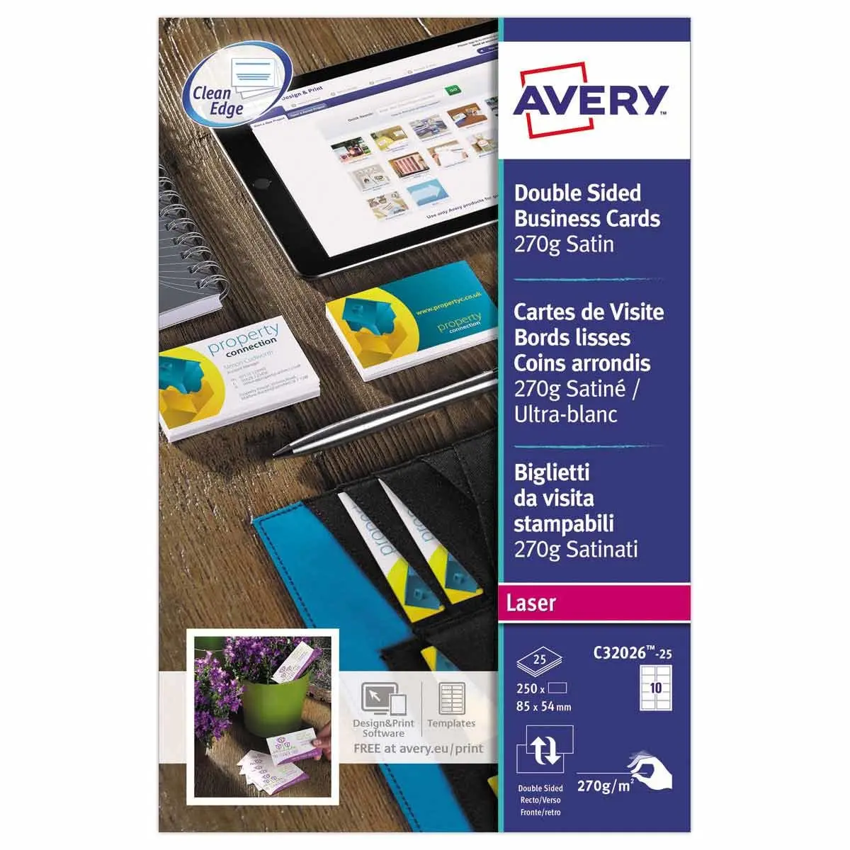 Bo&icirc;te de 250 cartes de visite mates laser couleur - 85x54mm - AVERY photo du produit