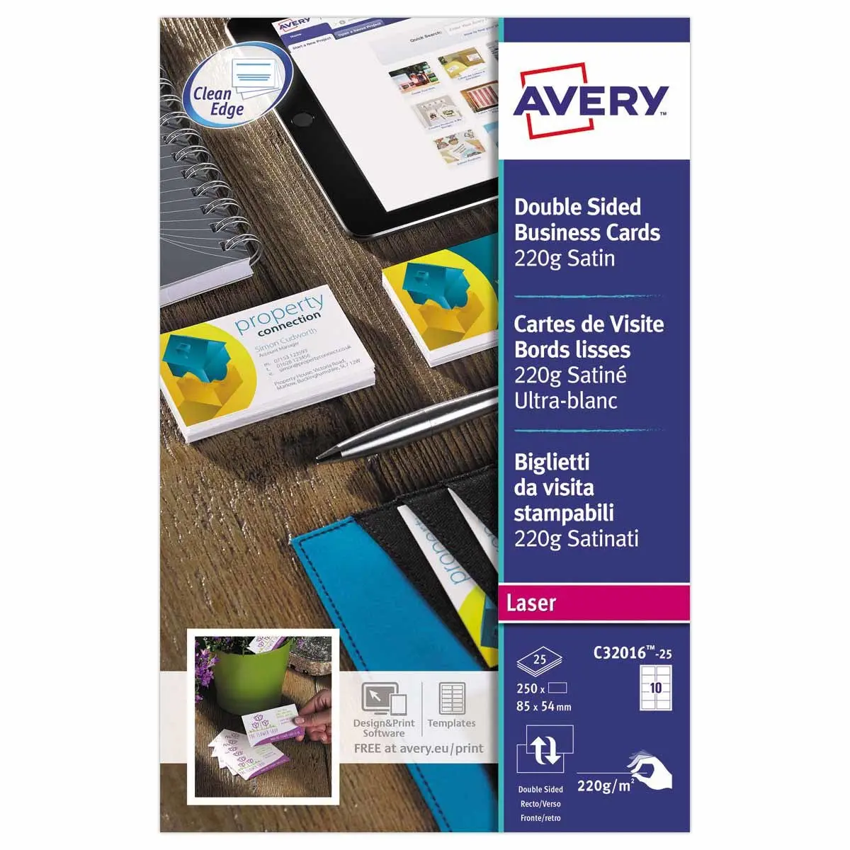 Boîte de 250 cartes de visite personnalisables pour impression laser - 86x54mm - 220g - AVERY photo du produit