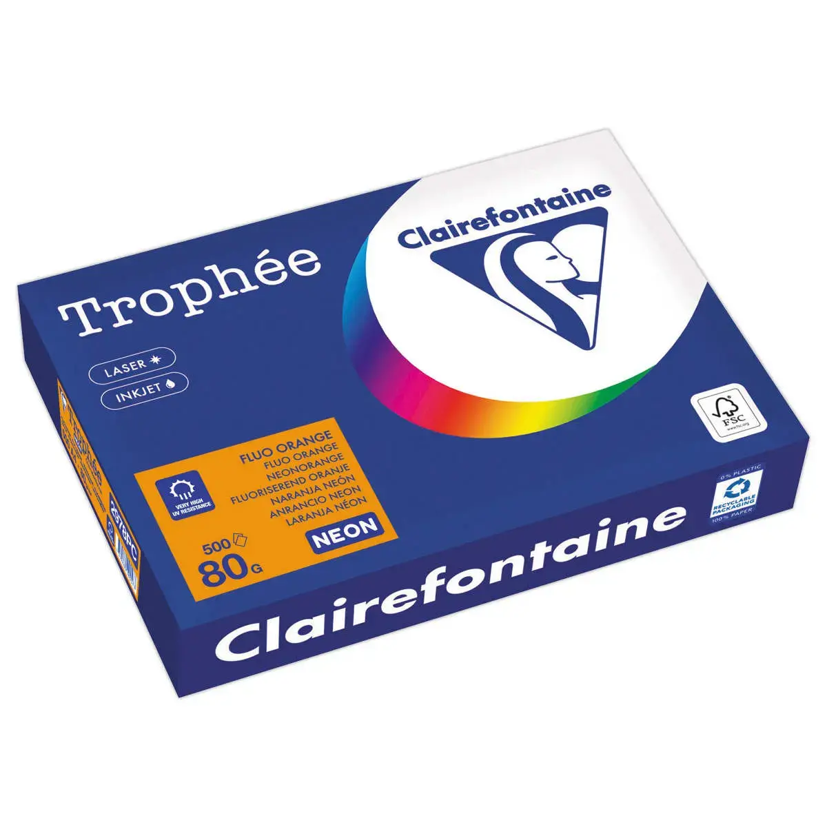 Ramette de papier couleur fluorescente A4 - Trophée 80g - Orange Fluo - CLAIREFONTAINE photo du produit