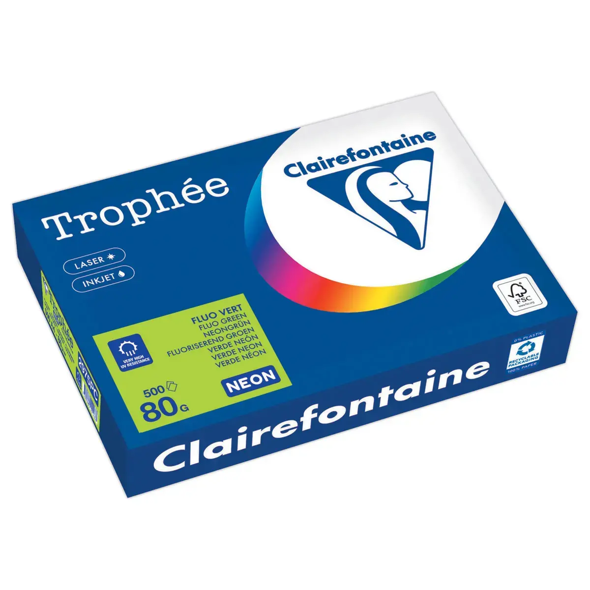 Ramette de papier couleur fluorescente A4 - Trophée 80g - vert Fluo - Clairefontaine photo du produit
