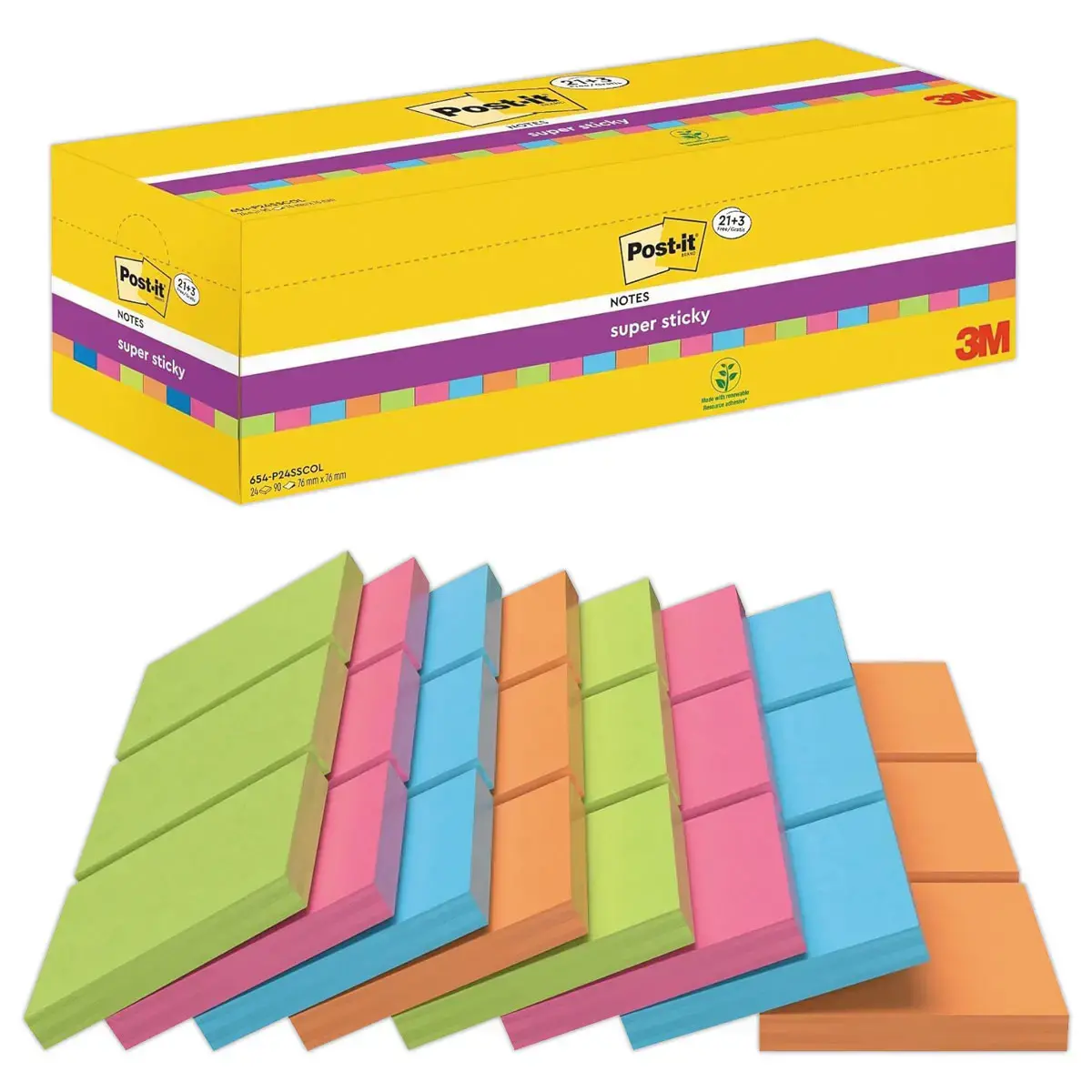 24 Notes repositionnables Super Sticky coloris assortis 7,6 x 7,6 cm - POST-IT photo du produit