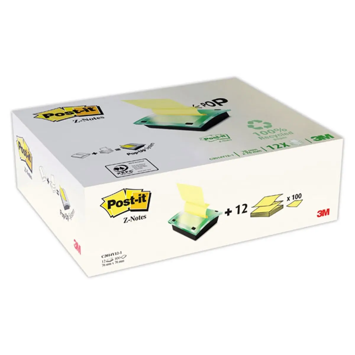 12 blocs Notes recyclées 76x76mm jaunes + dévidoir Millenium - POST-IT photo du produit