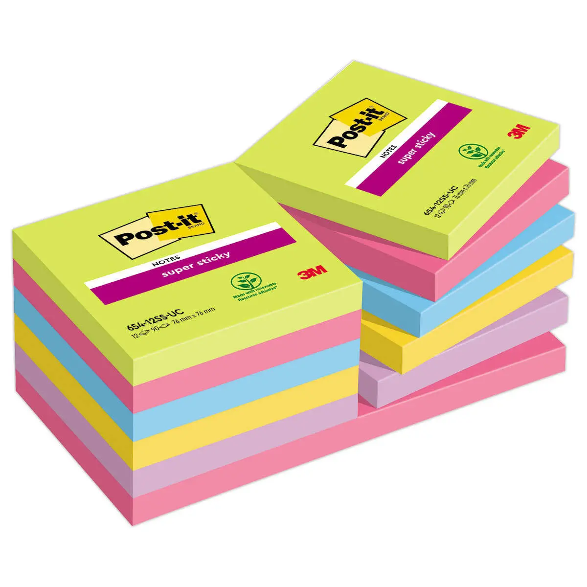 12 Blocs de 90 notes repositionnables Super Sticky - 7,6 x 7,6 cm - Coloris assortis - POST-IT photo du produit