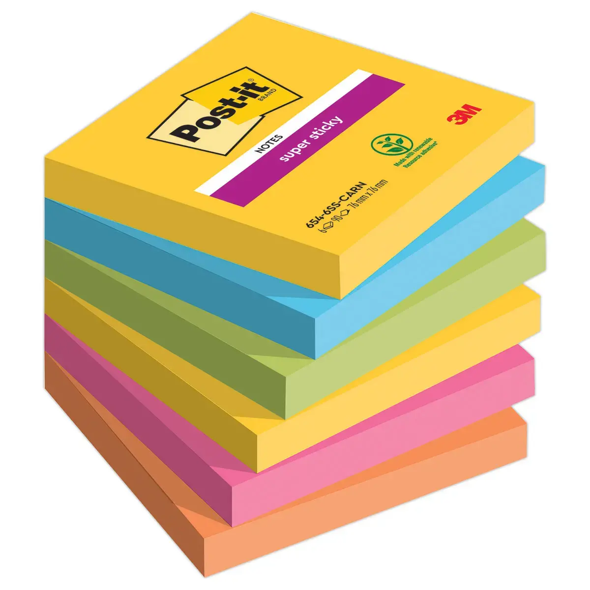 12 Notes repositionnables Super Sticky 76x76 mm, Carnival, 90 feuilles photo du produit