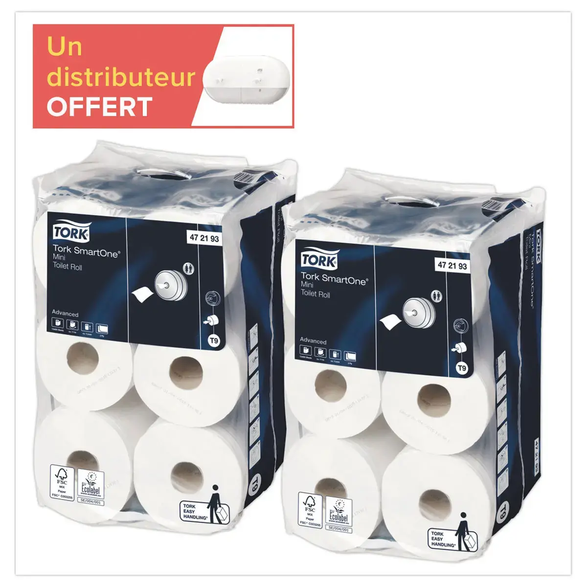 24 Rouleaux (2x12) TORK SmartOne mini T9 + 1 distrib mini double T9 offert photo du produit