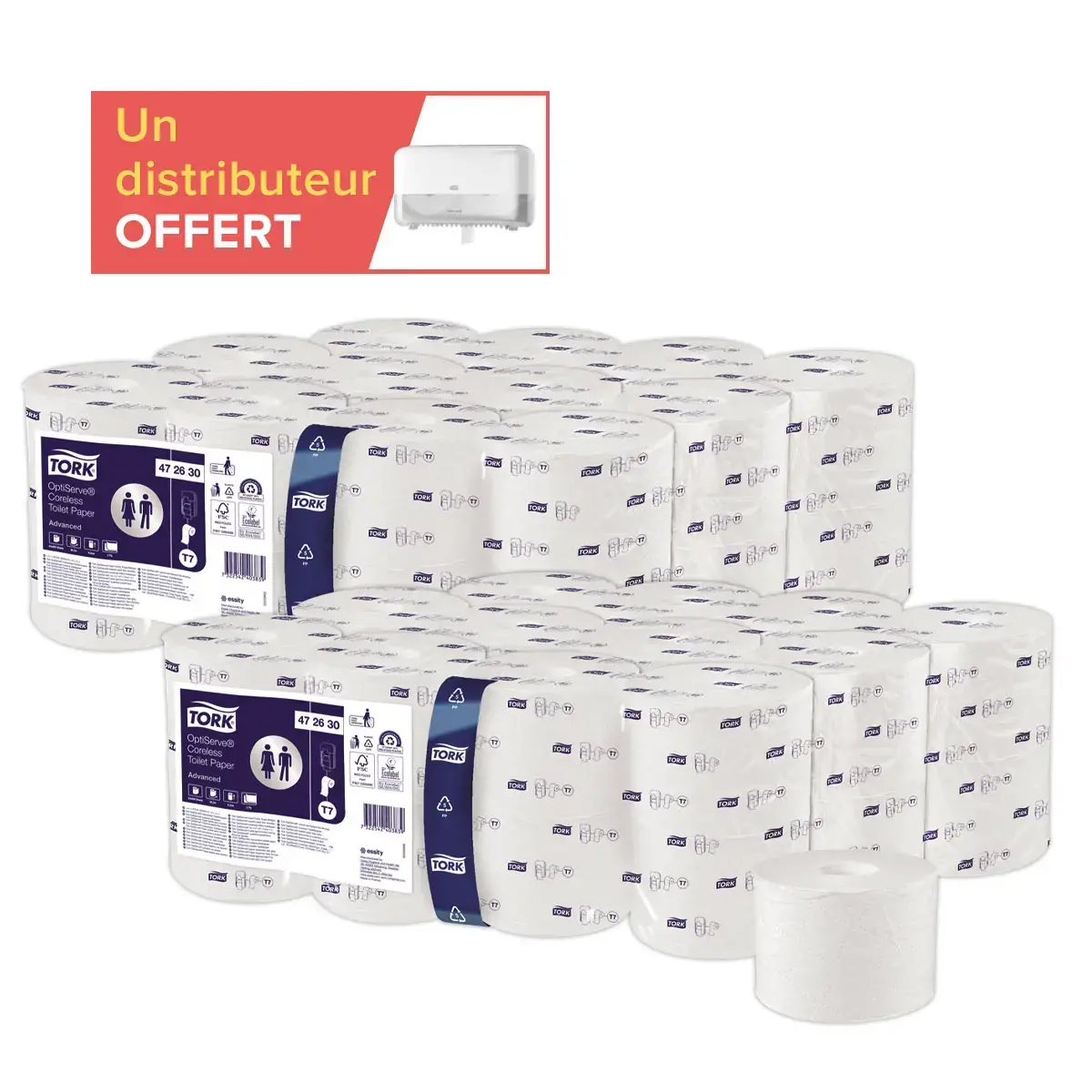 48 Rouleaux (2x24) Tork Optiserve T7 blanc + 1distrib Twin Mid-size T7 offert photo du produit