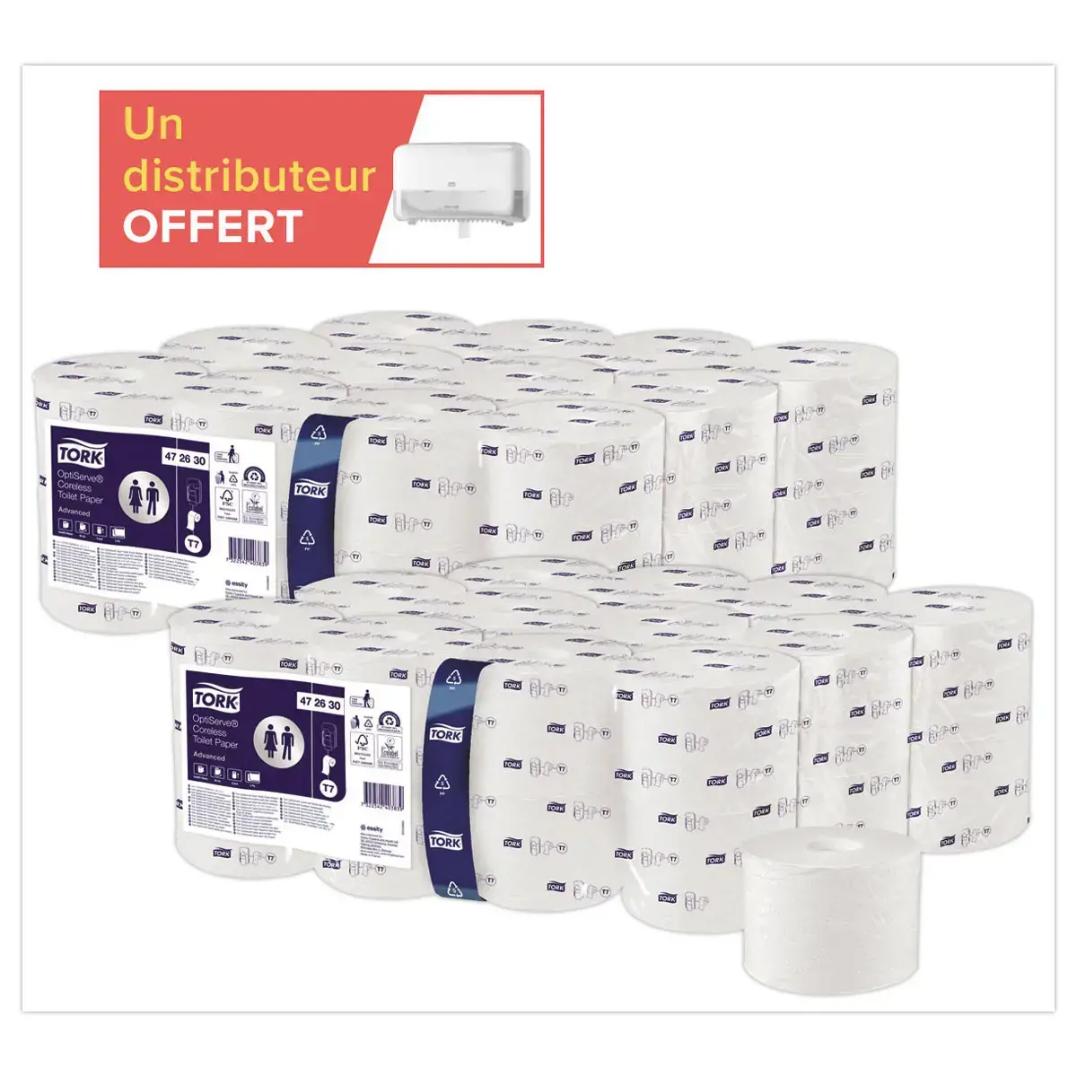 48 Rouleaux (2x24) Tork Optiserve T7 blanc + 1distrib Twin Mid-size T7 offert photo du produit