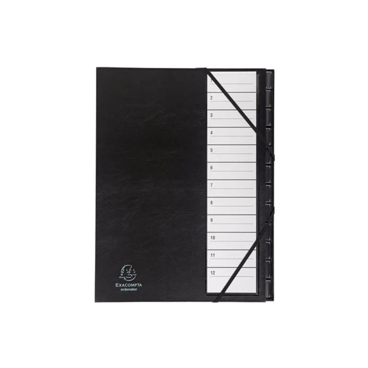 Trieur rigide Ordonator avec cavaliers plastiques et &eacute;lastiques num&eacute;rique 12 compartiments de 1 &agrave; 12 - Noir - EXACOMPTA photo du produit