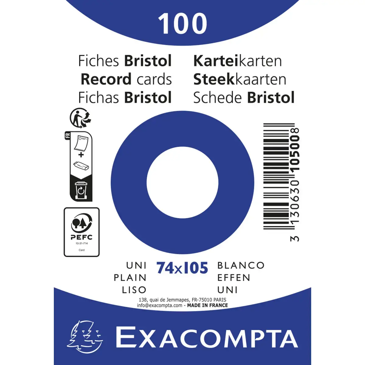 Paquet 100 fiches sous film - bristol uni non perfor&eacute; 74x105mm - Blanc - EXACOMPTA photo du produit